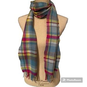 AVOCA SCARF HAND WOVEN IRELAND WOOL BLUE PINK GREEN PLAID RECTANGLE FRINGE